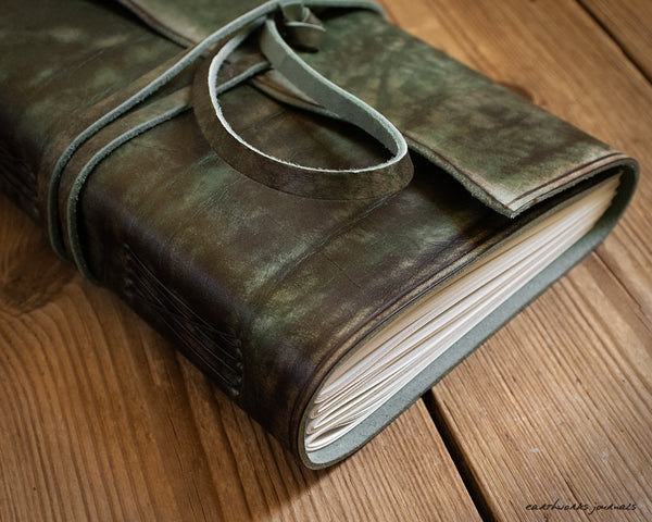 A5 distressed green leather journal 2 - wraparound 2 - earthworks journals - A5W014