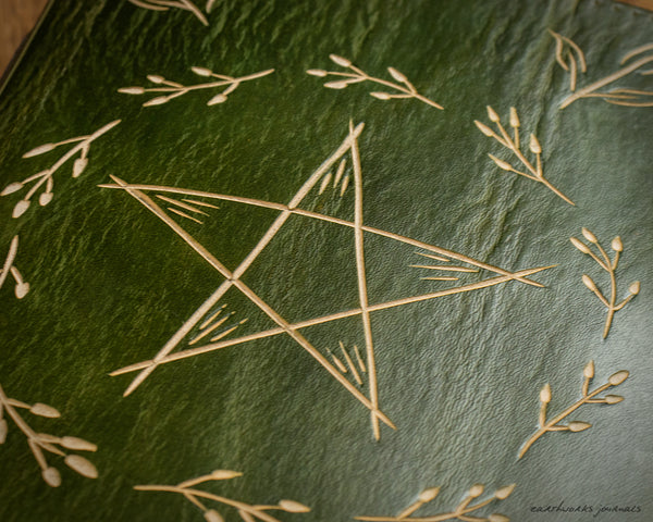 green leather journal with folk pentagram 4 - earthworks journals