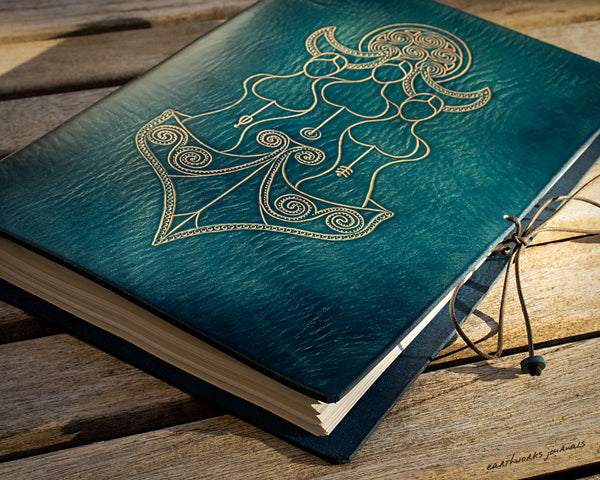 A4 triple moon goddess blue leather journal 3 - earthworks journals - OOAK13