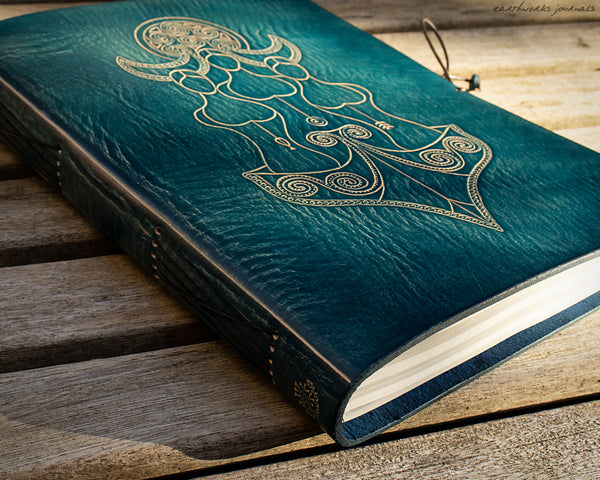 A4 triple moon goddess blue leather journal 4 - earthworks journals - OOAK13