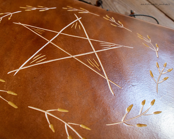 A4 brown leather journal with folk pentagram and leaves 3 - earthworks journals