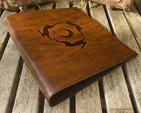 A4 brown leather 4 ring binder - hares and moon design - earthworks journals A4B002