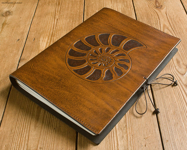 A4 brown leather journal - spiral ammonite design 2 - earthworks journals A4C012