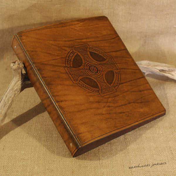 A4 brown leather 4 ring binder - celtic cross design 2 - earthworks journals A4B007