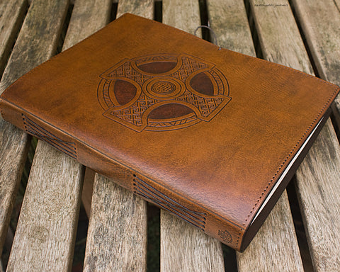 A4 brown leather journal - celtic cross design 2 - earthworks journals A4C013