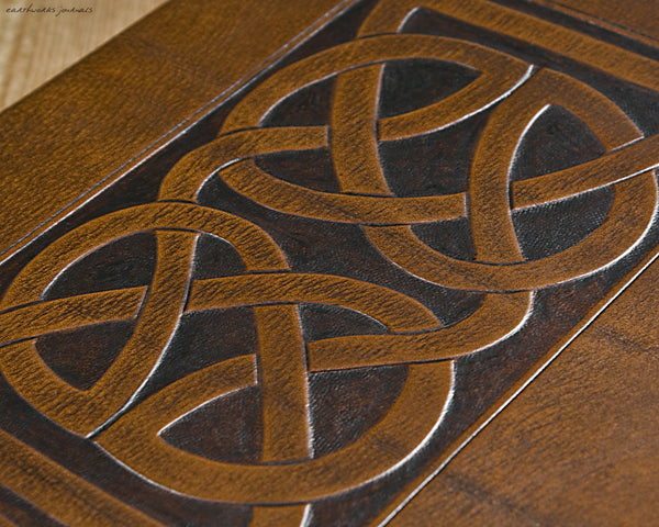 A4 brown leather journal - celtic knot design detail - earthworks journals A4C009