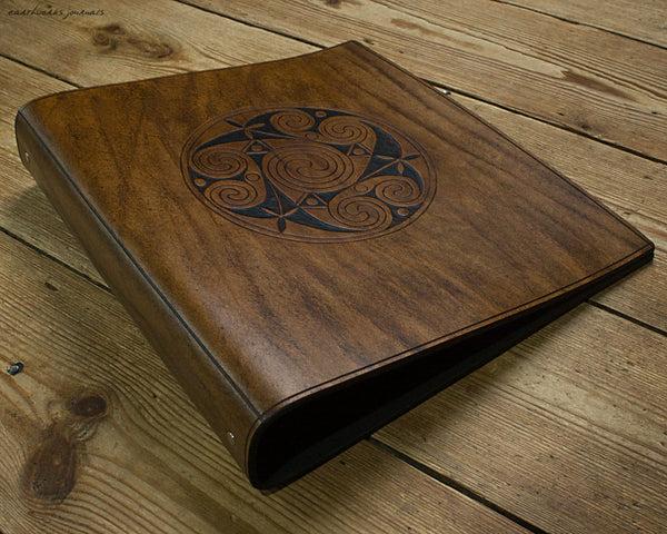 A4 brown leather 4 ring binder - Celtic Triple Spiral Triskelion 2 - earthworks journals A4B018