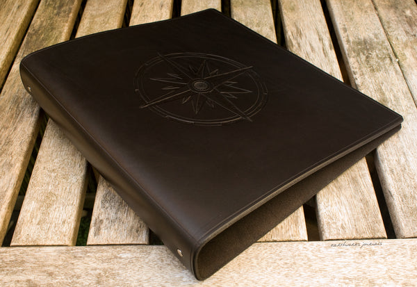 A4 black leather 4 ring binder - compass rose design - ships log - earthworks journals A4B013