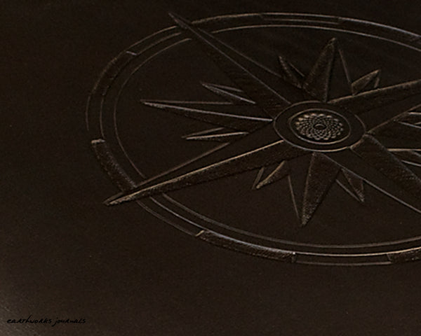 A4 black leather 4 ring binder - compass rose design detail - ships log - earthworks journals A4B013