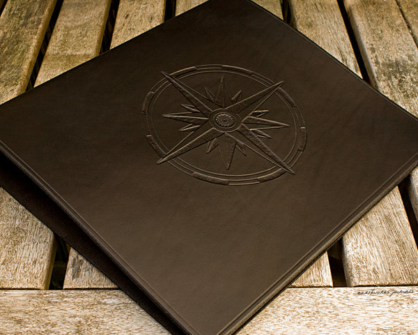 A4 black leather 4 ring binder - compass rose design 2 - ships log - earthworks journals A4B013