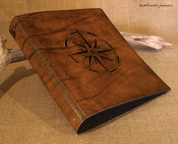 A4 brown leather 4 ring binder - ships log - compass rose design 2 - earthworks journals A4B004