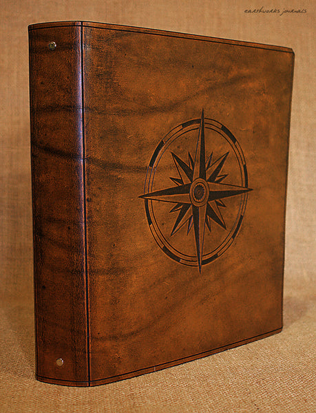 A4 brown leather 4 ring binder - ships log - compass rose design 3 - earthworks journals A4B004
