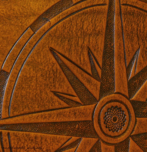 A4 brown leather 4 ring binder - ships log - compass rose design detail - earthworks journals A4B004