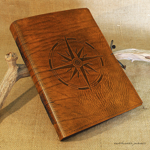 A4 brown leather journal - ship's log - compass rose - earthworks journals A4C014