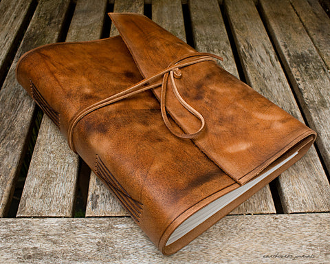 A4 distressed brown leather journal - wraparound - earthworks journals - A4W001