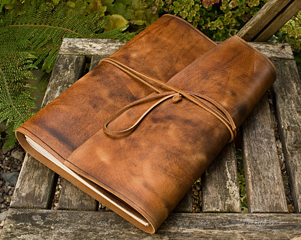 A4 distressed brown leather journal - wraparound 2 - earthworks journals - A4W001