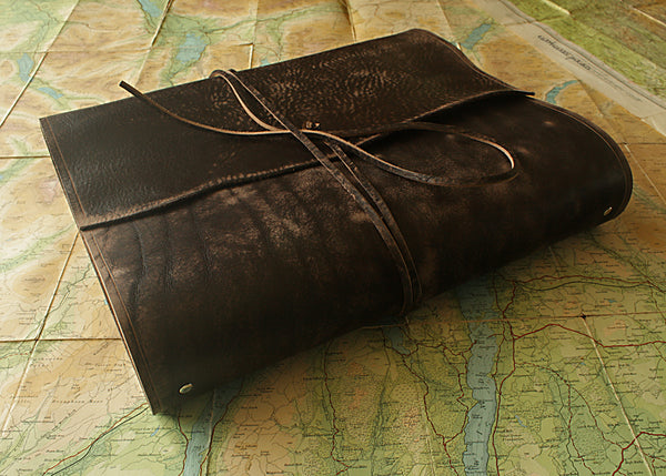 A4 distressed dark brown leather ring binder - wraparound 2 - earthworks journals - A4WB001