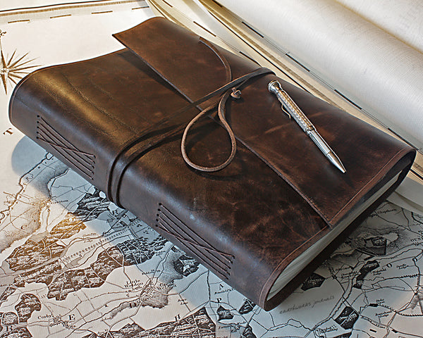 A4 distressed dark brown leather journal - wraparound - earthworks journals - A4W003