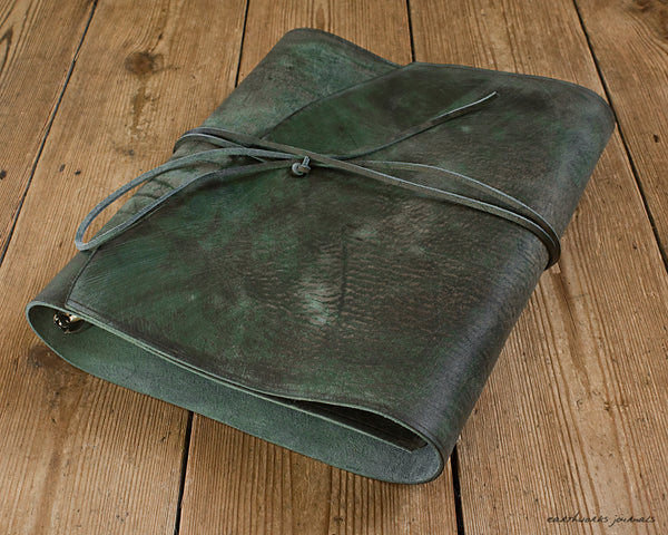 A4 distressed green leather ring binder 3 - wraparound - earthworks journals - A4WB003