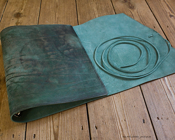 A4 distressed green leather ring binder 4 - wraparound - earthworks journals - A4WB003