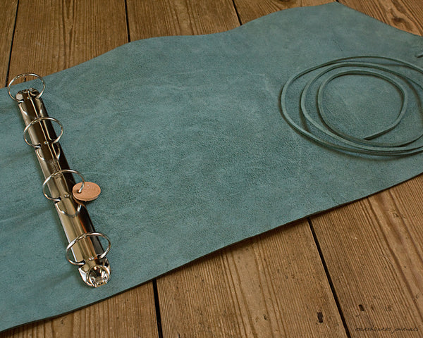 A4 distressed green leather ring binder open - wraparound - earthworks journals - A4WB003