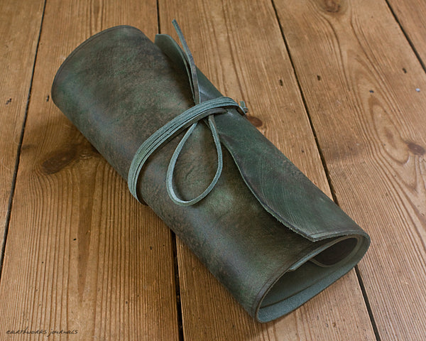 A4 distressed green leather ring binder rolled - wraparound - earthworks journals - A4WB003