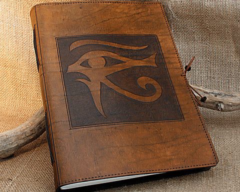 A4 brown leather journal - book of shadows - egyptian eye of horus design - earthworks journals A4C007