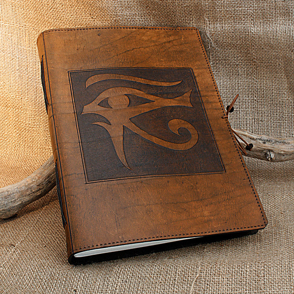 A4 brown leather journal - book of shadows - egyptian eye of horus design - earthworks journals A4C007