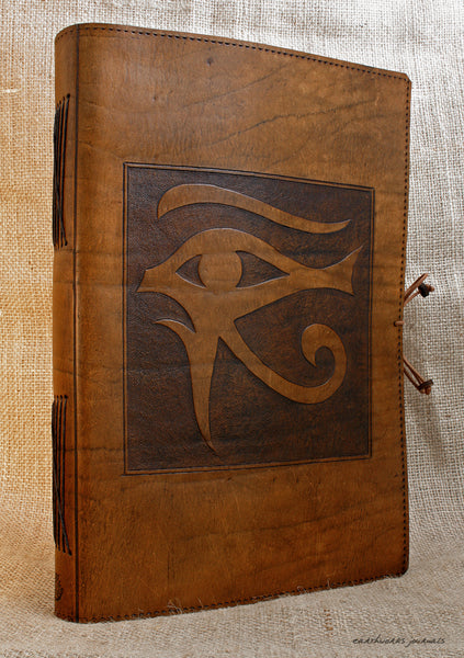 A4 brown leather journal - book of shadows - egyptian eye of horus design 2 - earthworks journals A4C007