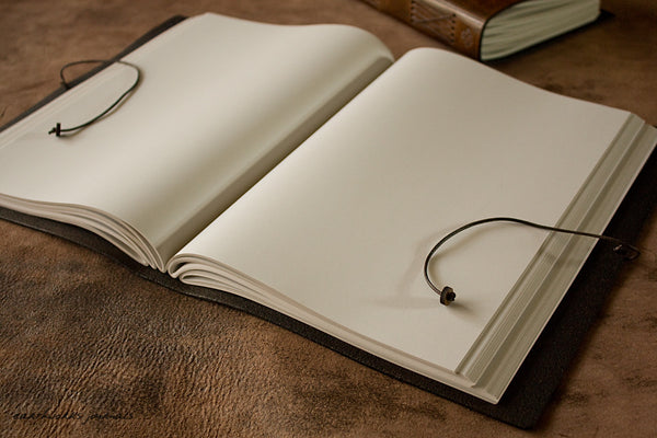 A4 dark brown leather journal - open - earthworks journals