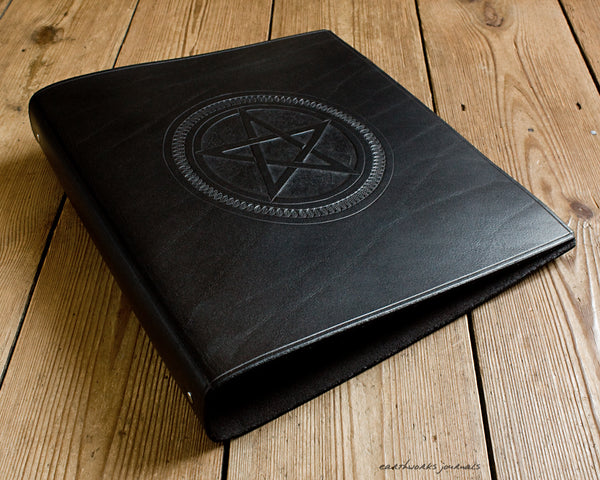 A4 black leather 4 ring binder - pentagram design - book of shadows - earthworks journals A4B005