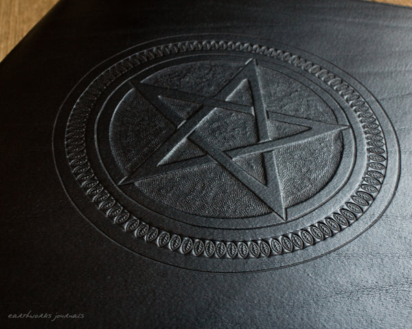 A4 black leather 4 ring binder - pentagram design detail - book of shadows - earthworks journals A4B005