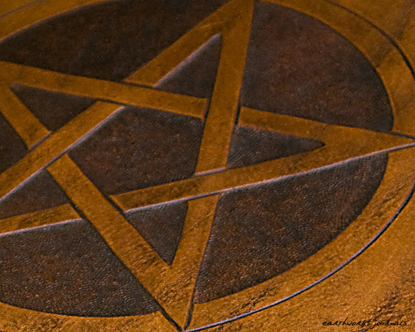 A4 brown leather journal - book of shadows - pentagram detail - earthworks journals A4C001