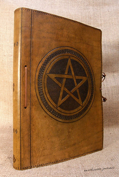 A4 brown leather journal - book of shadows - pentagram design - earthworks journals A4C006