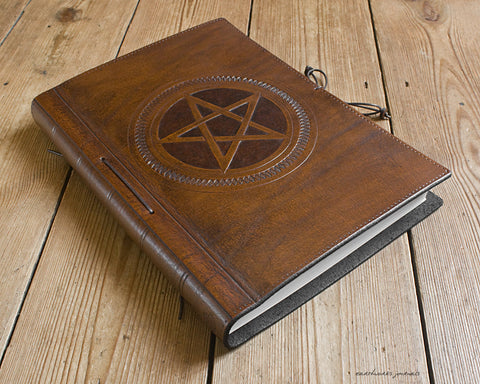 A4 brown leather journal - book of shadows 2 - pentagram design - earthworks journals A4C006