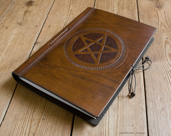 A4 brown leather journal - book of shadows 3 - pentagram design - earthworks journals A4C006