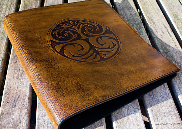 A4 brown leather 4 ring binder - tree of life design 2 - earthworks journals A4B006