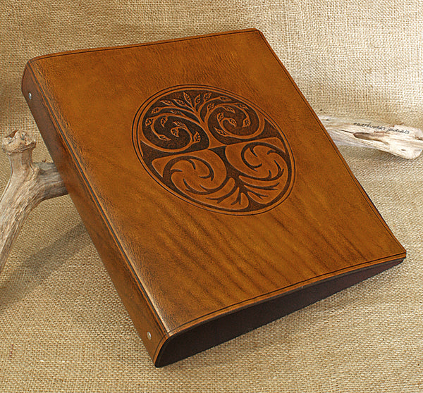 A4 brown leather 4 ring binder - tree of life design 2 - earthworks journals A4B006