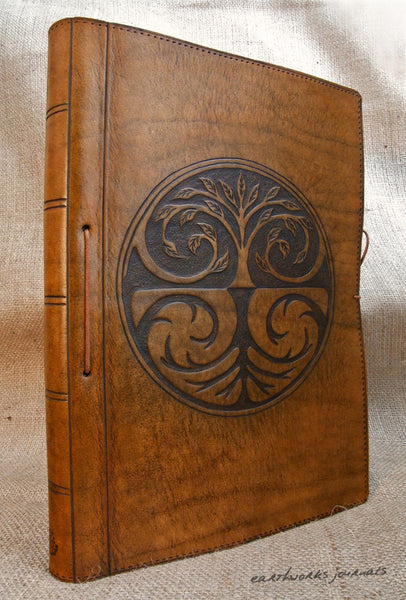 A4 brown leather journal - tree of life design 4 - earthworks journals A4C002