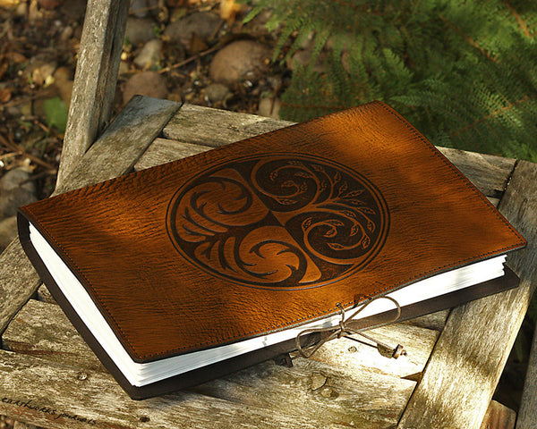 A4 brown leather journal - tree of life design - earthworks journals A4C005