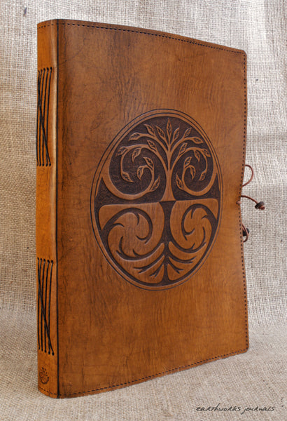 A4 brown leather journal - tree of life design 3 - earthworks journals A4C005