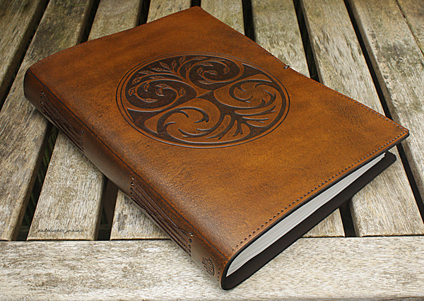 A4 brown leather journal - tree of life design 4 - earthworks journals A4C005