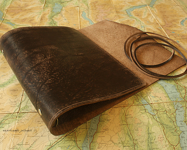 A5 distressed dark brown leather organiser - wraparound 3 - earthworks journals - A5WB001