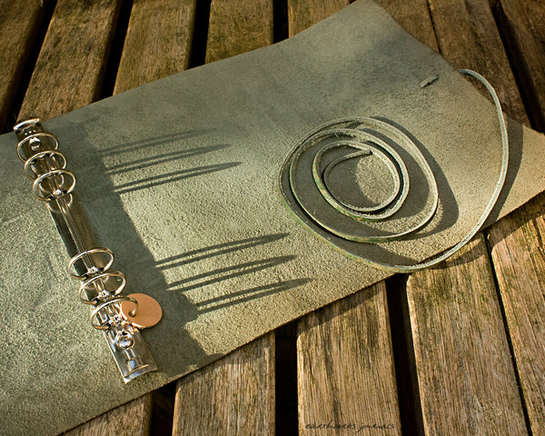 A5 distressed green leather organiser - wraparound 3 - earthworks journals - A5WB005