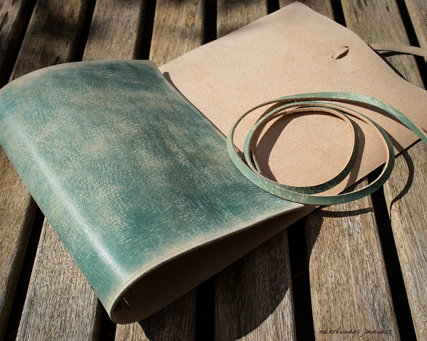 A5 distressed sea blue leather organiser - wraparound 3 - earthworks journals - A5WB011