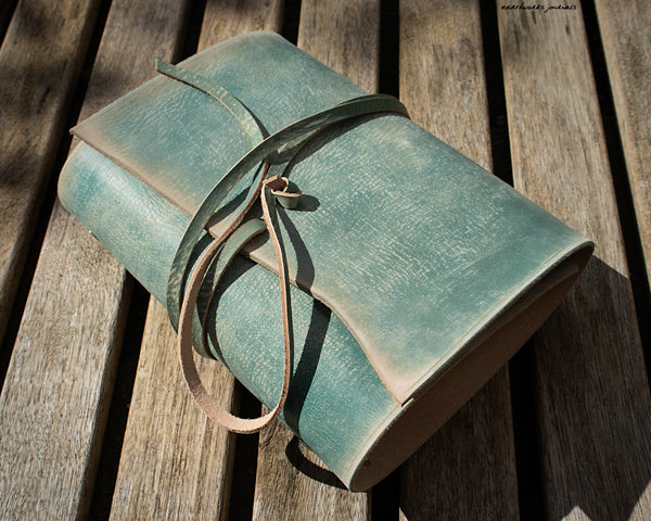 A5 distressed sea blue leather organiser - wraparound 2 - earthworks journals - A5WB011