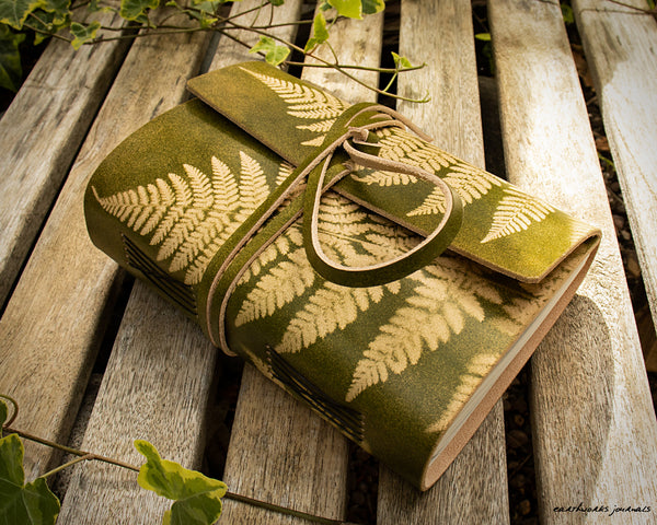 A5 fern leaf wraparound leather journal in green 2 - earthworks journals - A5W003