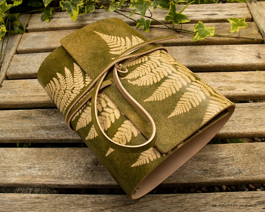 A5 green leather fern leaf organiser - earthworks journals - A5WB008