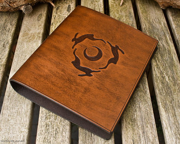 A5 brown leather 2 ring binder - hares and moon design 2 - earthworks journals A5B001