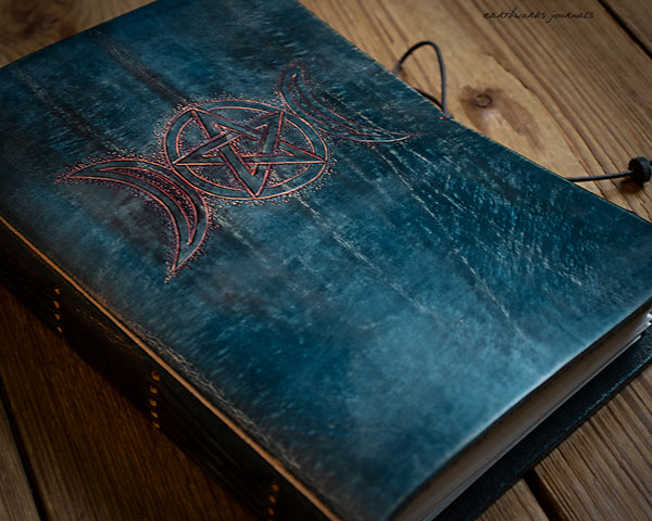 A5 MOON GODDESS PENTAGRAM BLUE RED LEATHER JOURNAL 3 - EARTHWORKS JOURNALS OOAK12